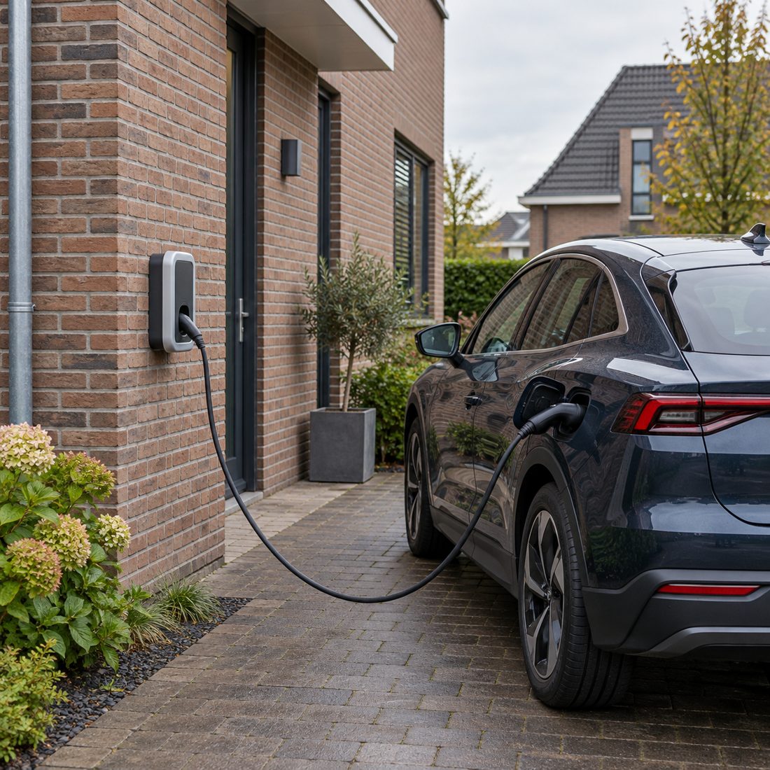 Laadpaal aan de gevel van een woning met een elektrische auto aan de laadkabel